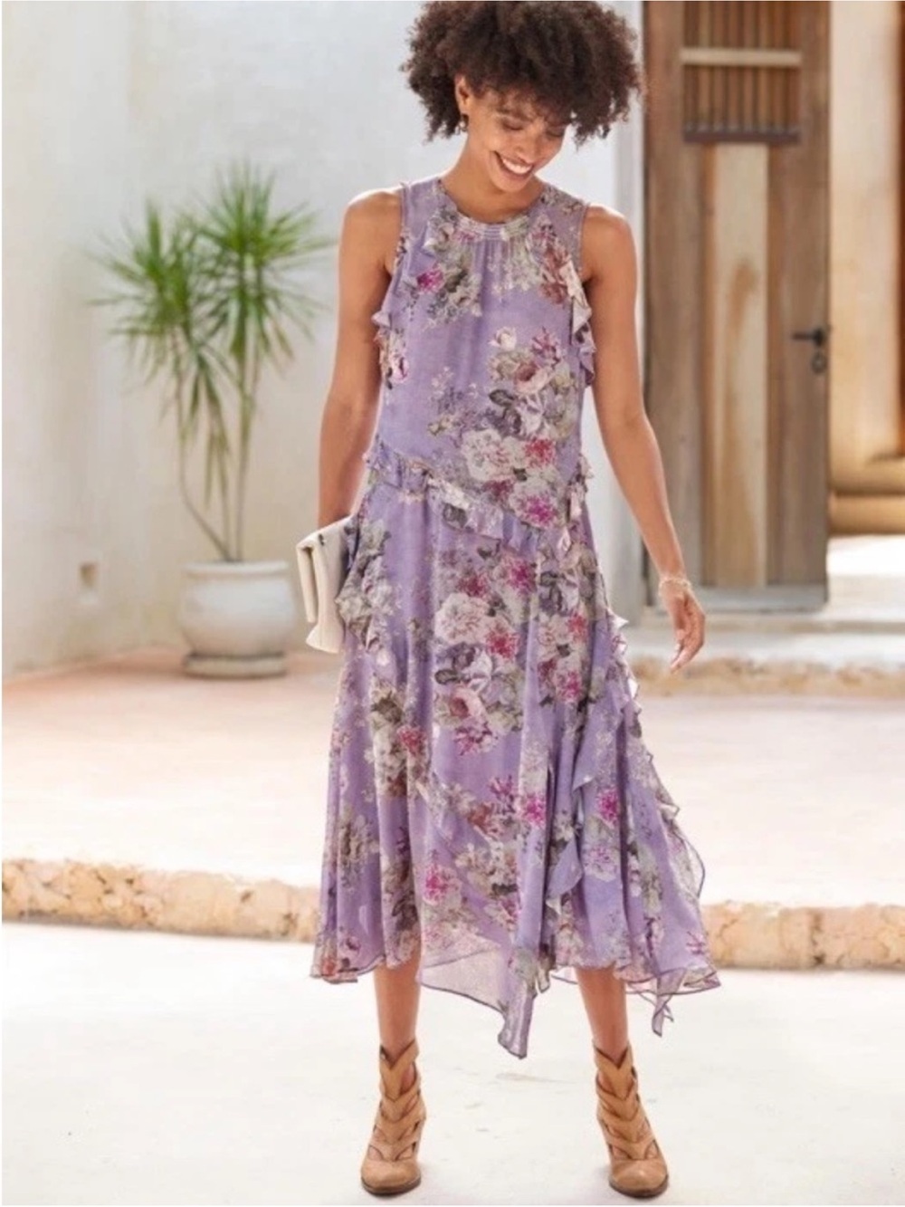 Sundance Faye Lilac Floral Dress Midi XSmall NWT Ruffle Floral Sleeveless Purple